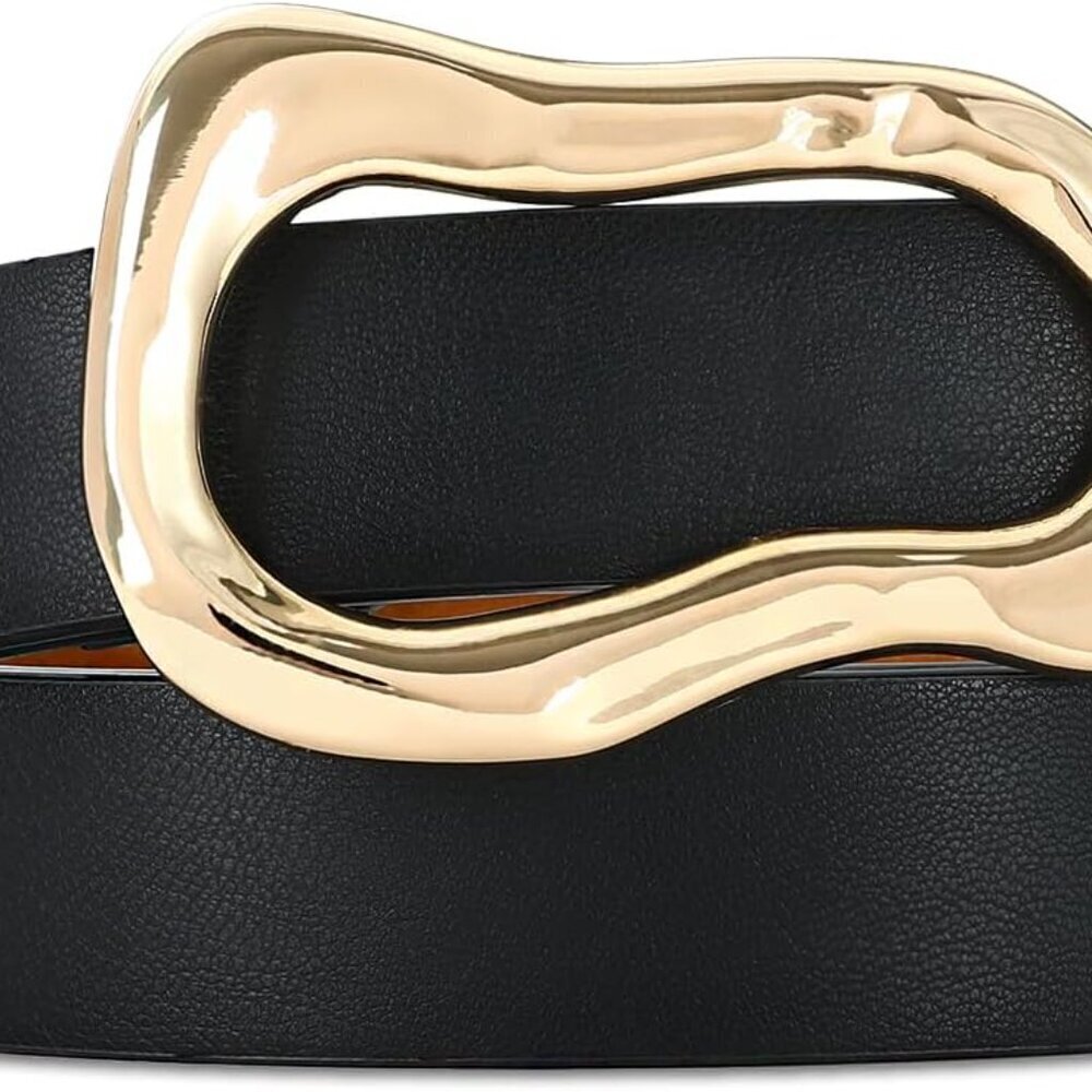 Women Black Leather Belt Gold Buckle Stylish Waist Accessory for Jeans Dresses